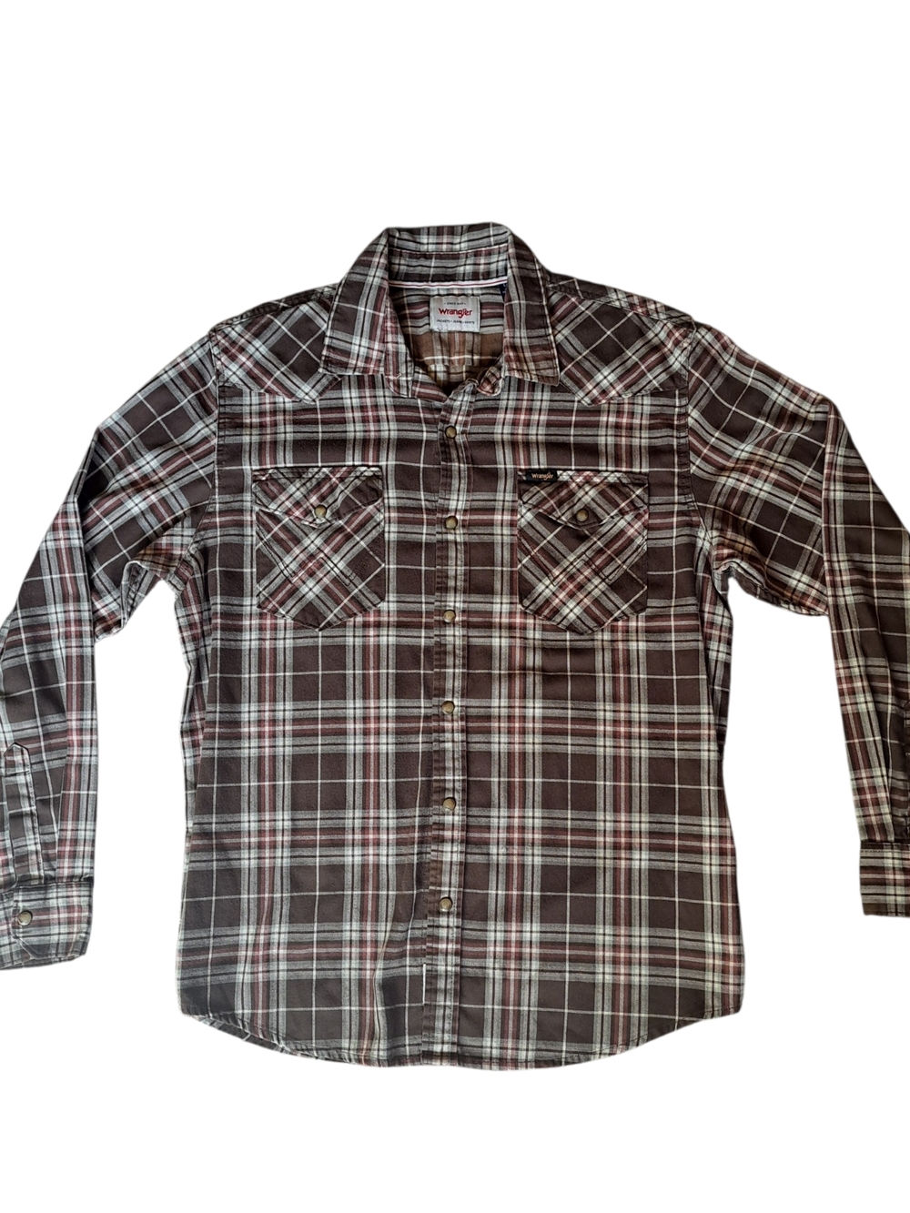 Wrangler Plaid Button Up Shirt Men Large Brown Western Snap Long Sleeve Stretch
